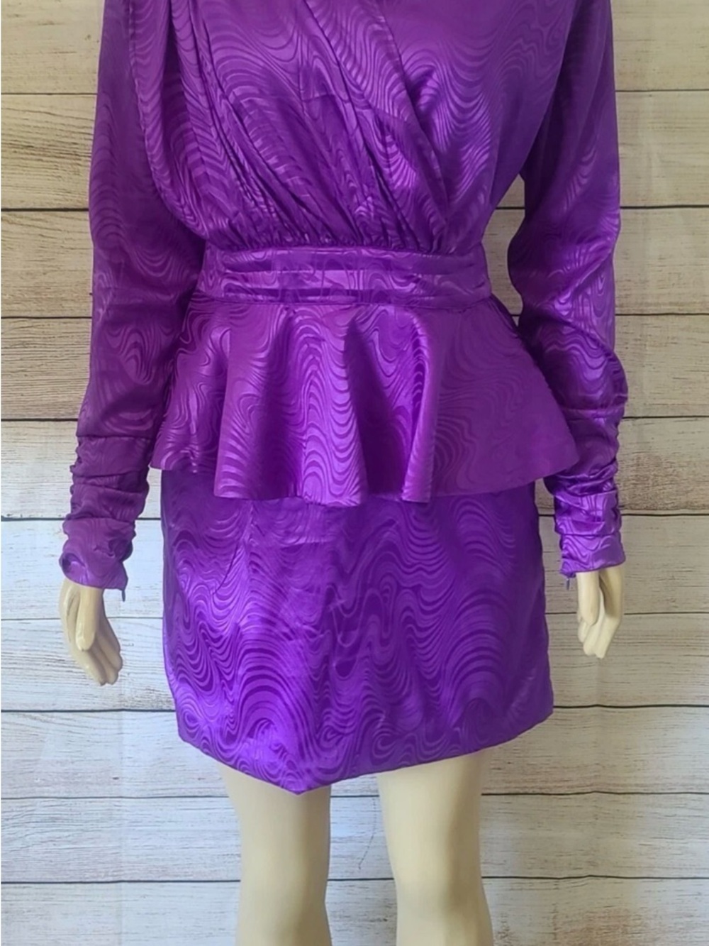 Dodo Bar Or Purple Peplum Mini Dress Ruched Satin Texture Long Sleeve Size EU44